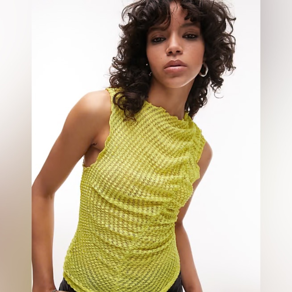 Topshop Textured Asymmetric Ruched Tank Top in Lime